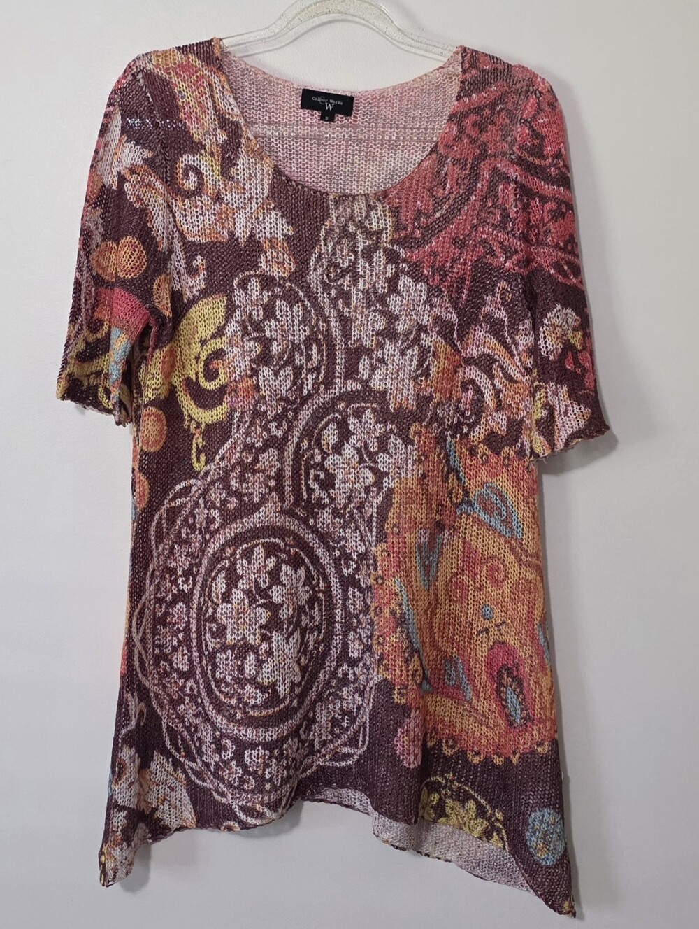 Open Knit Asymmetrical Tunic Top Boho Granola Girl Hippie Earthy Botanical Small